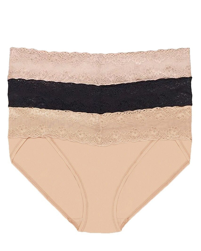 Natori Bliss Perfection One-Size V-Kini 3 Pack - Cameo Rose, Black, Cafe