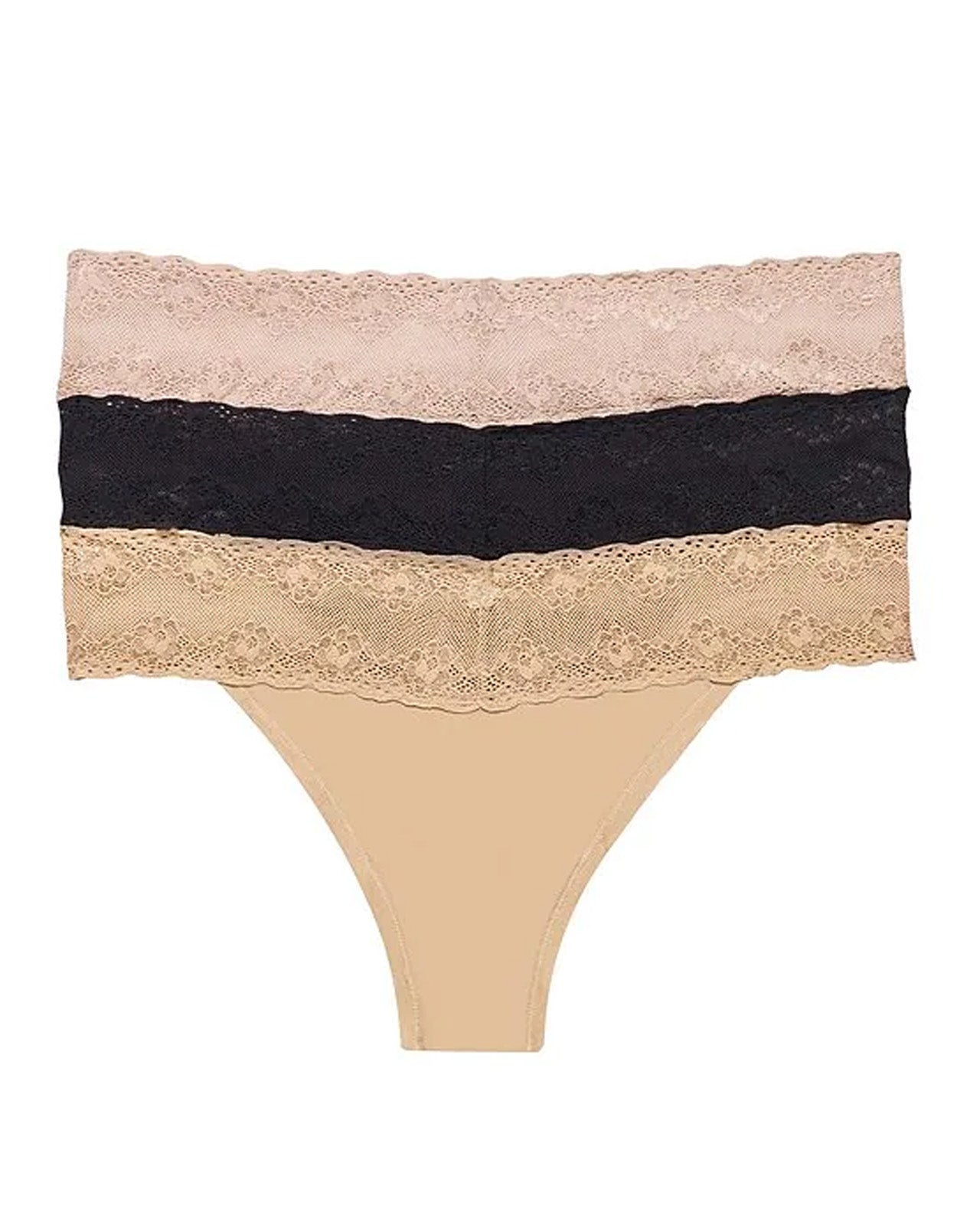 Natori Bliss Perfection One-Size Thong 3 Pack - Cameo Rose, Black, Cafe